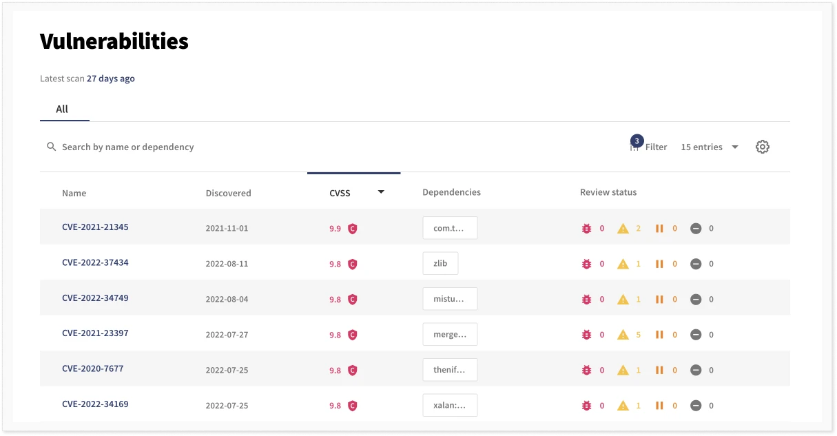 Debricked vulnerability list showing CVE entries with severity scores and dependency details