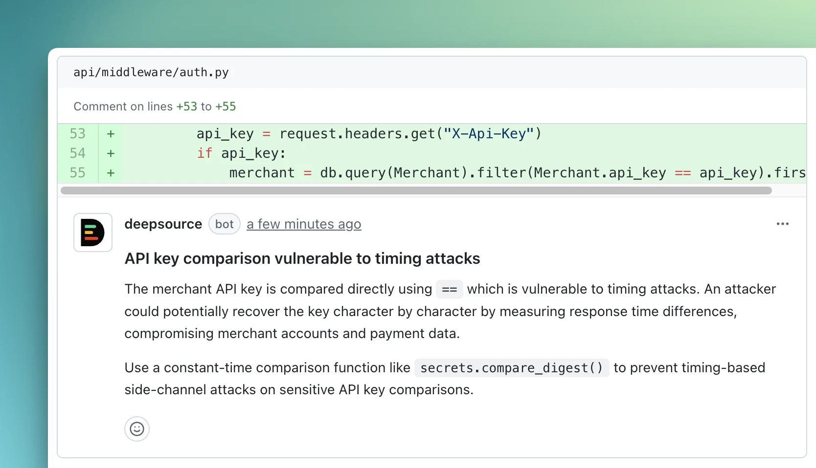 DeepSource AI review leaving an inline PR comment about an API key timing attack vulnerability with code context and remediation advice