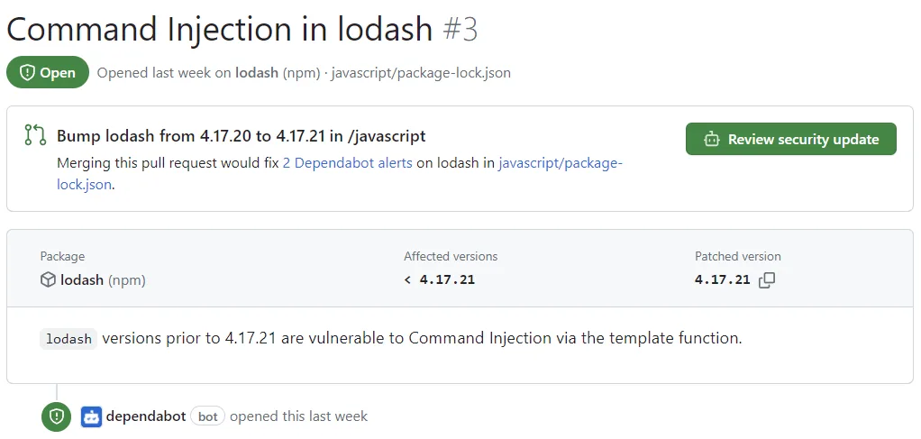 Dependabot alert detail showing affected package, vulnerable and patched versions, and review security update button