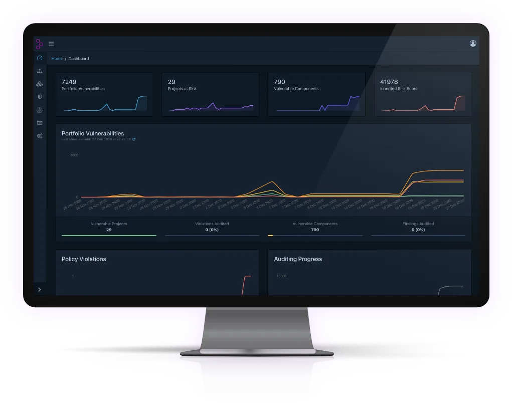Dependency-Track dashboard showing portfolio risk metrics with vulnerability counts and policy violation status