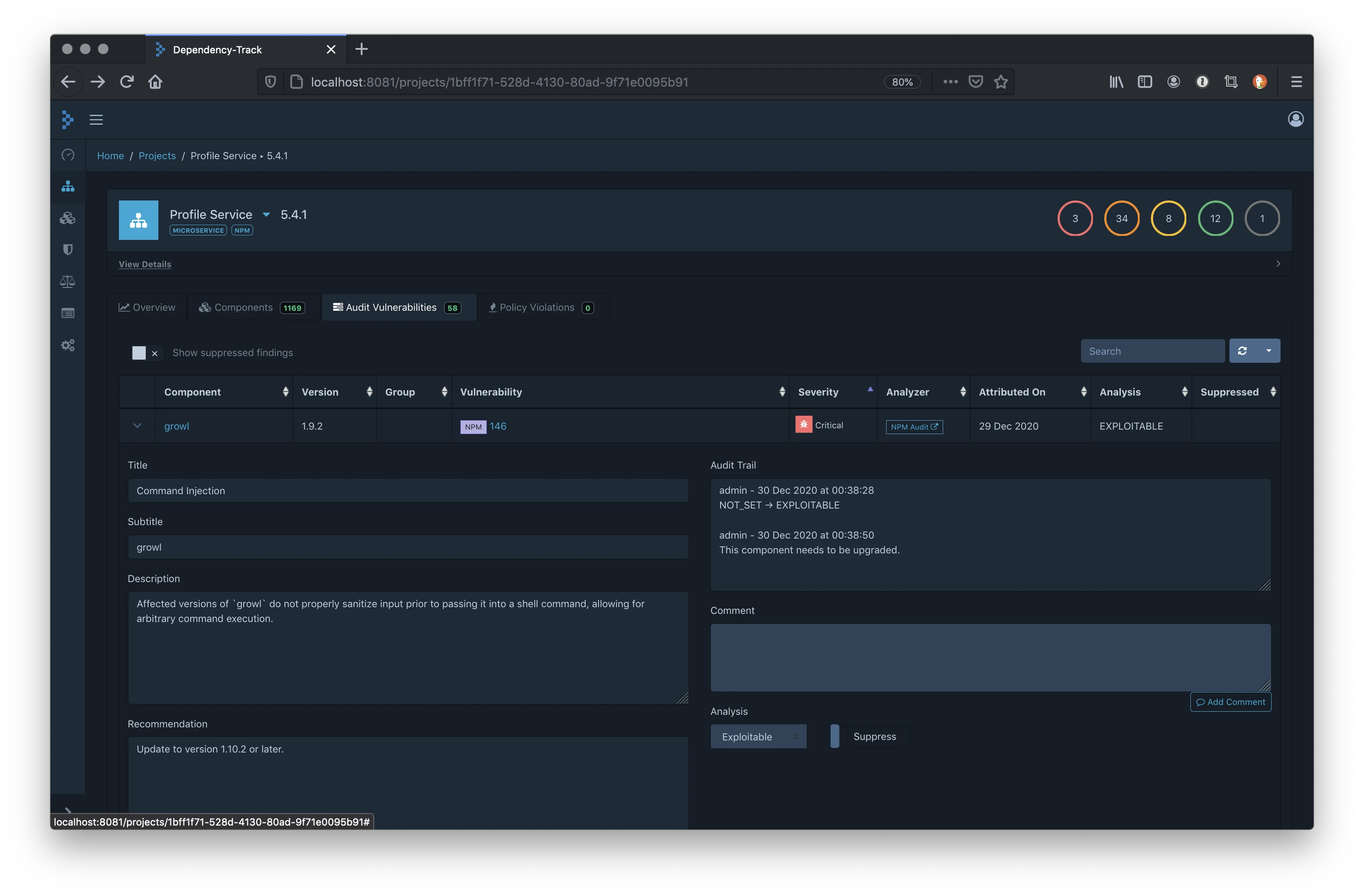 Dependency-Track audit findings view showing vulnerability triage with exploitability analysis and suppression controls