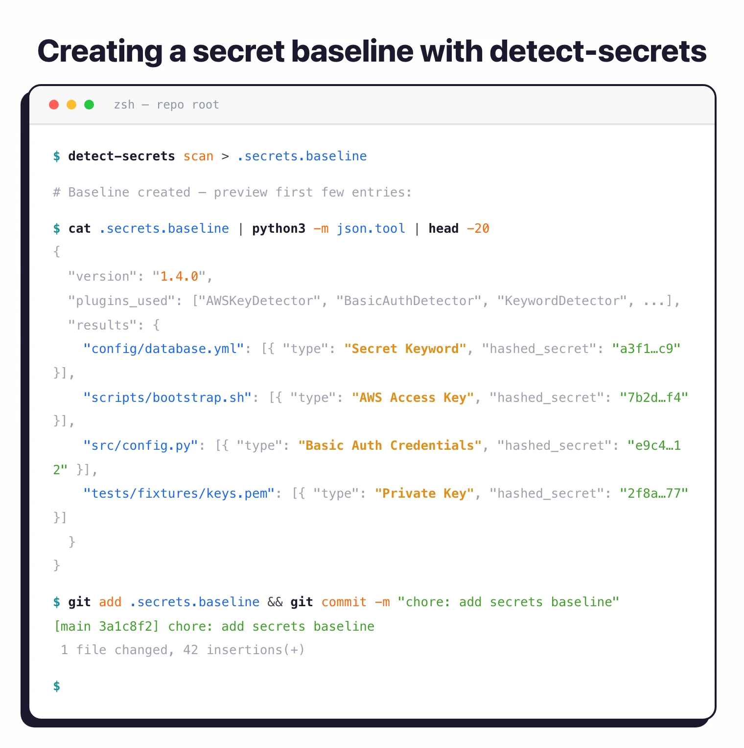 detect-secrets scan command creating a .secrets.baseline JSON file with hashed findings and plugin metadata