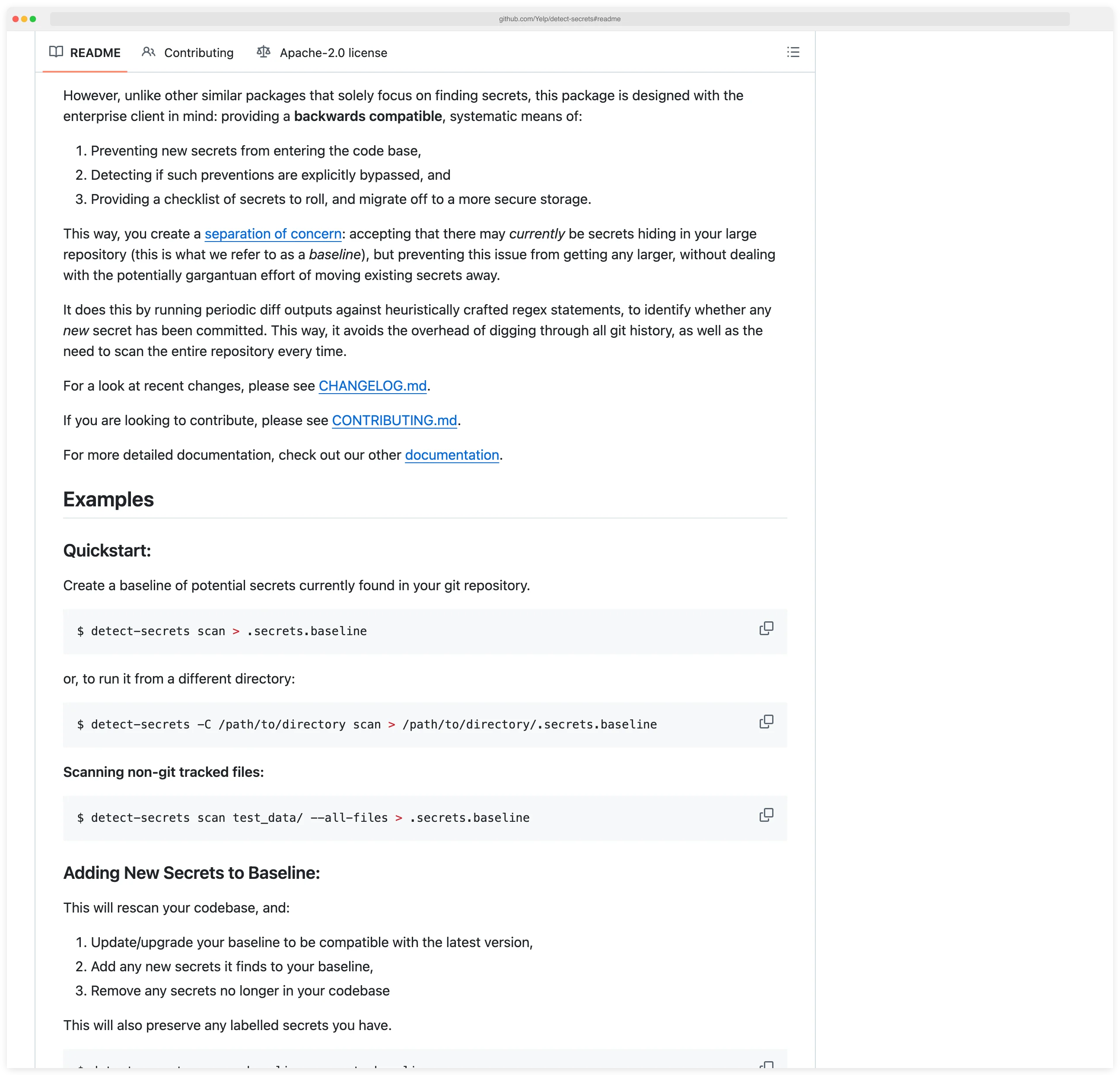 Yelp/detect-secrets README Quickstart section showing the three bash commands developers run to create and rescan a baseline file
