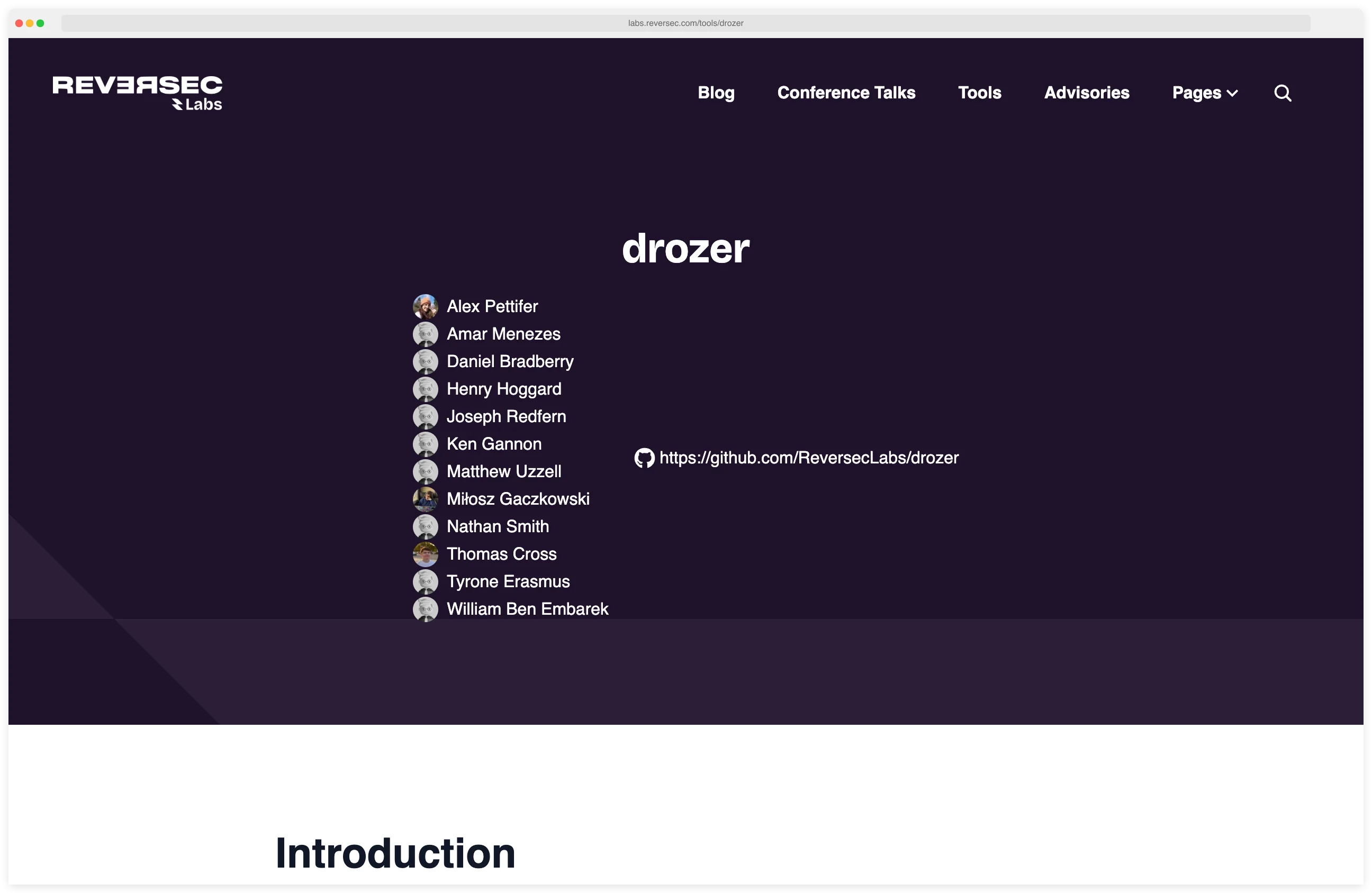 Drozer Android security assessment framework page showing the client-agent architecture, supported components, and installation instructions