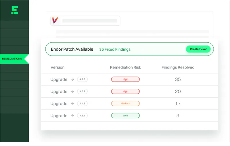 Endor Labs patch remediation view showing upgrade paths with remediation risk ratings and findings resolved count