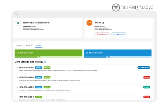 esChecker OWASP MASVS test results showing MSTG test cases with pass and fail status