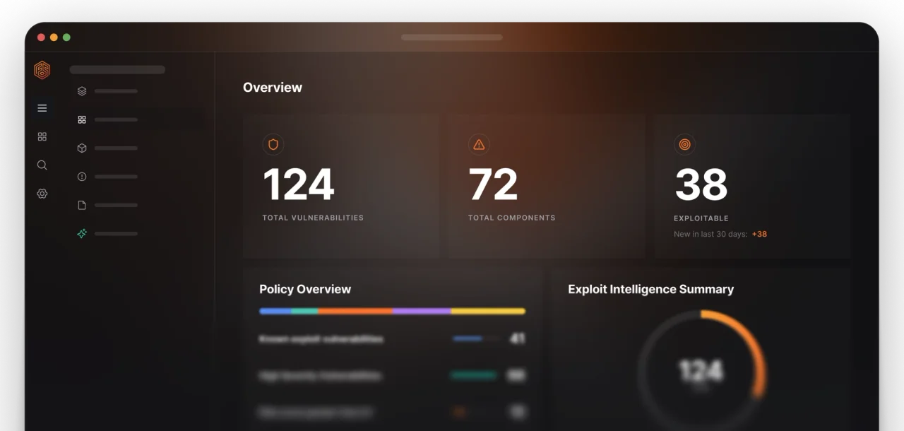 Finite State platform overview screen with tiles for total vulnerabilities, total components and exploitable findings, alongside a policy overview panel listing known exploited and high-severity vulnerability counts and an exploit intelligence summary dial