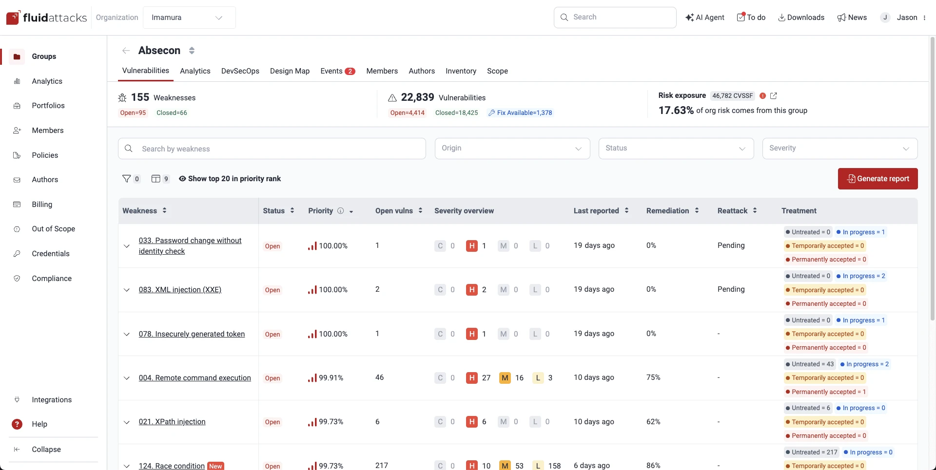 Fluid Attacks platform showing the vulnerability management dashboard with weakness list, severity overview, priority scores, and treatment status for an organization group