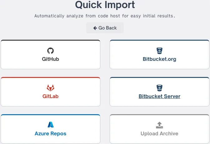 FOSSA Quick Import screen showing GitHub, GitLab, Bitbucket, Azure Repos, and archive upload options