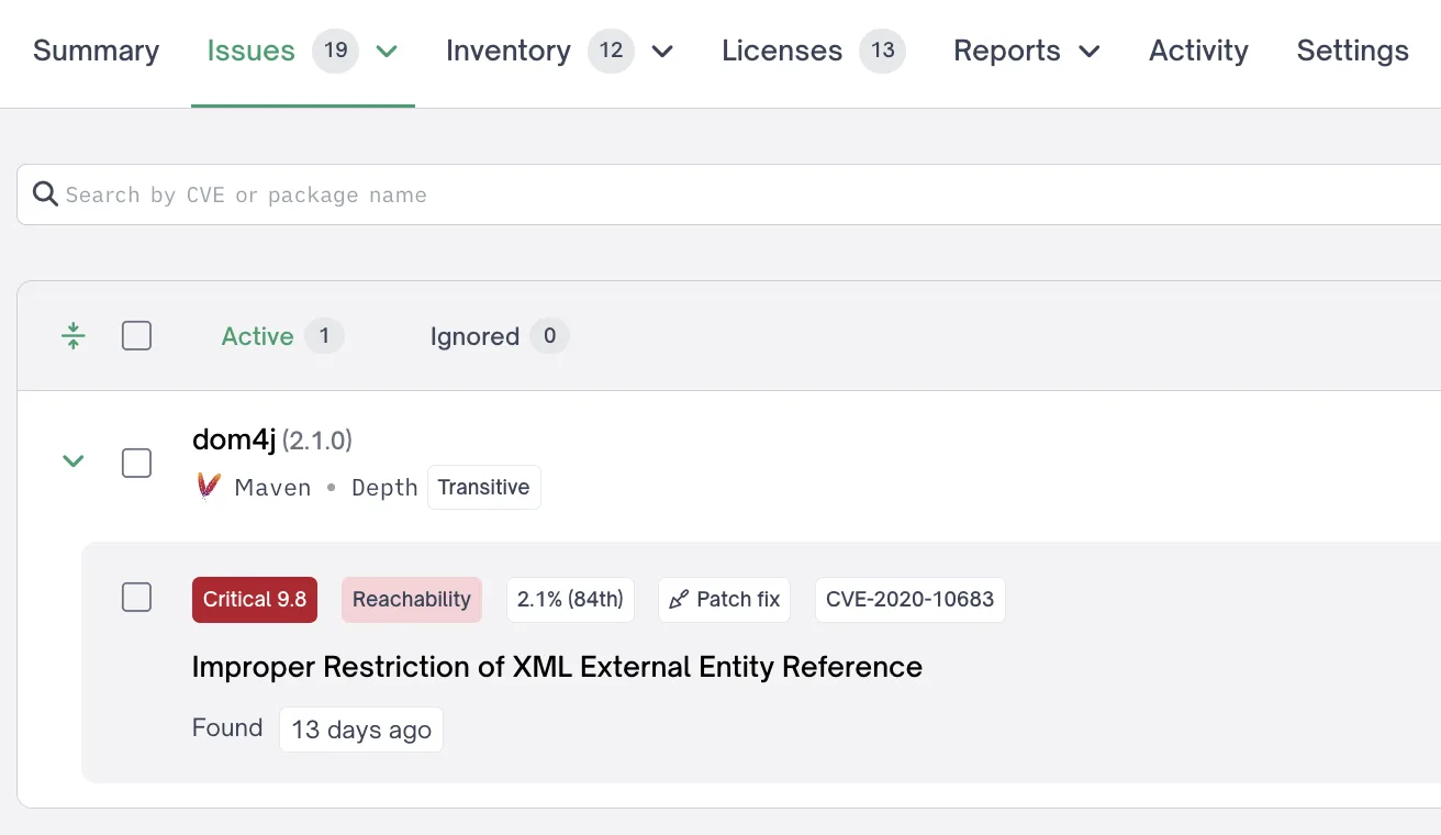 FOSSA security issues view showing vulnerability details with reachability tags, EPSS scores, and CVE identifiers