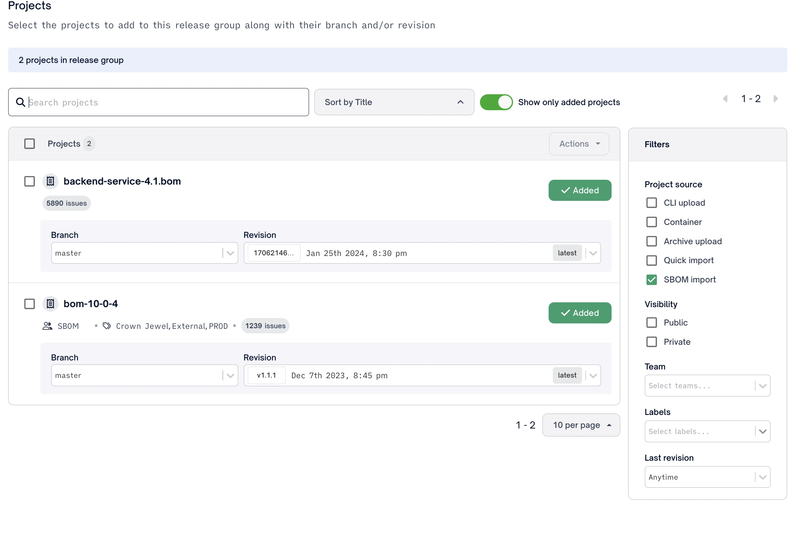 FOSSA SBOM Portal showing project list with branch, revision, and source filters for centralized SBOM distribution