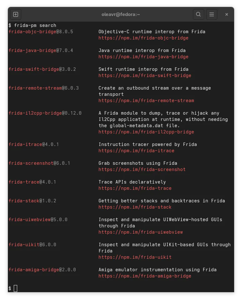 Frida package manager search results in terminal