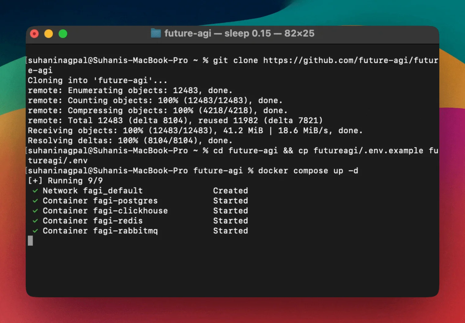 Terminal recording of the Future AGI self-host path: git clone of the future-agi repository pulling 12,483 objects, copying .env.example to .env, then docker compose up -d reporting Running 9 of 9 with the fagi_default network created and the fagi-postgres, fagi-clickhouse, fagi-redis and fagi-rabbitmq containers started