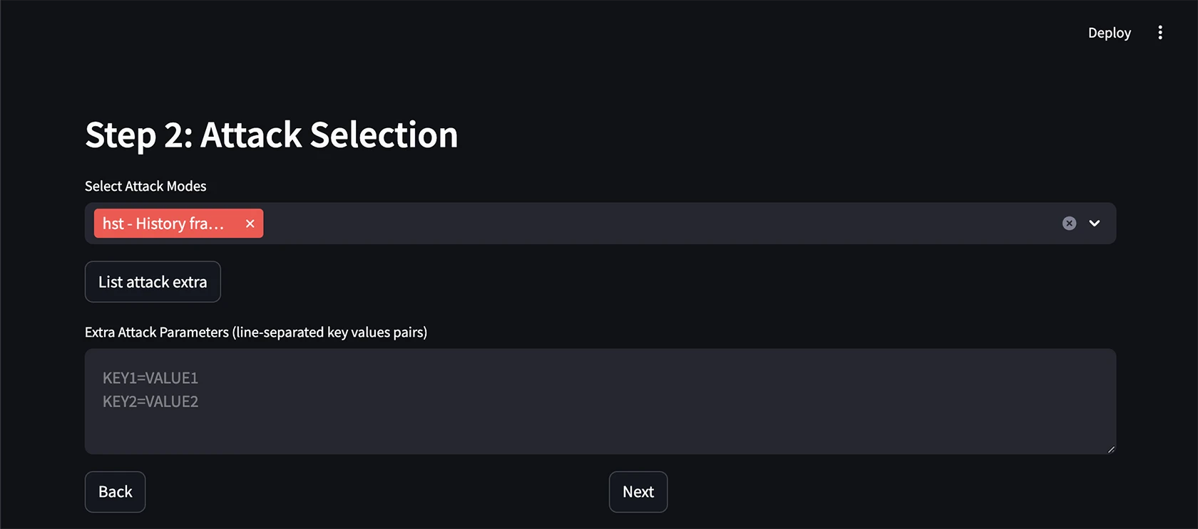FuzzyAI GUI Step 2: Attack Selection screen showing the hst History Framing attack mode selected with extra parameter input fields
