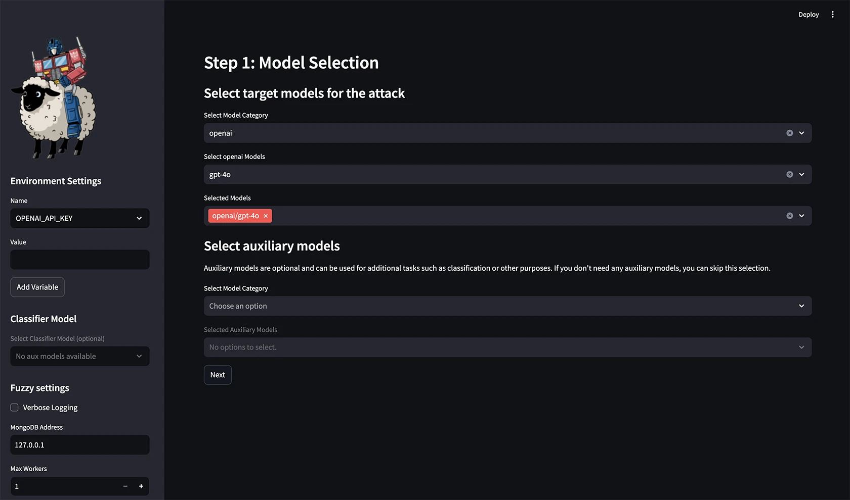 FuzzyAI GUI Step 1: Model Selection screen showing target model configuration with OpenAI gpt-4o selected and environment settings sidebar