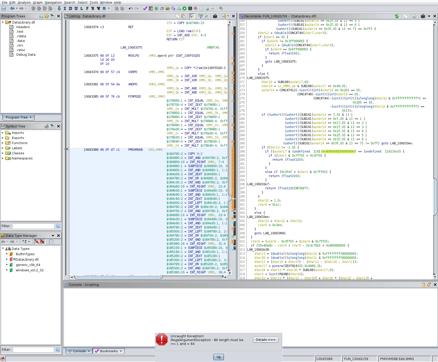 Ghidra CodeBrowser showing the P-Code listing column with COPY, INT_ADD, and CALL opcodes alongside the decompiler pane