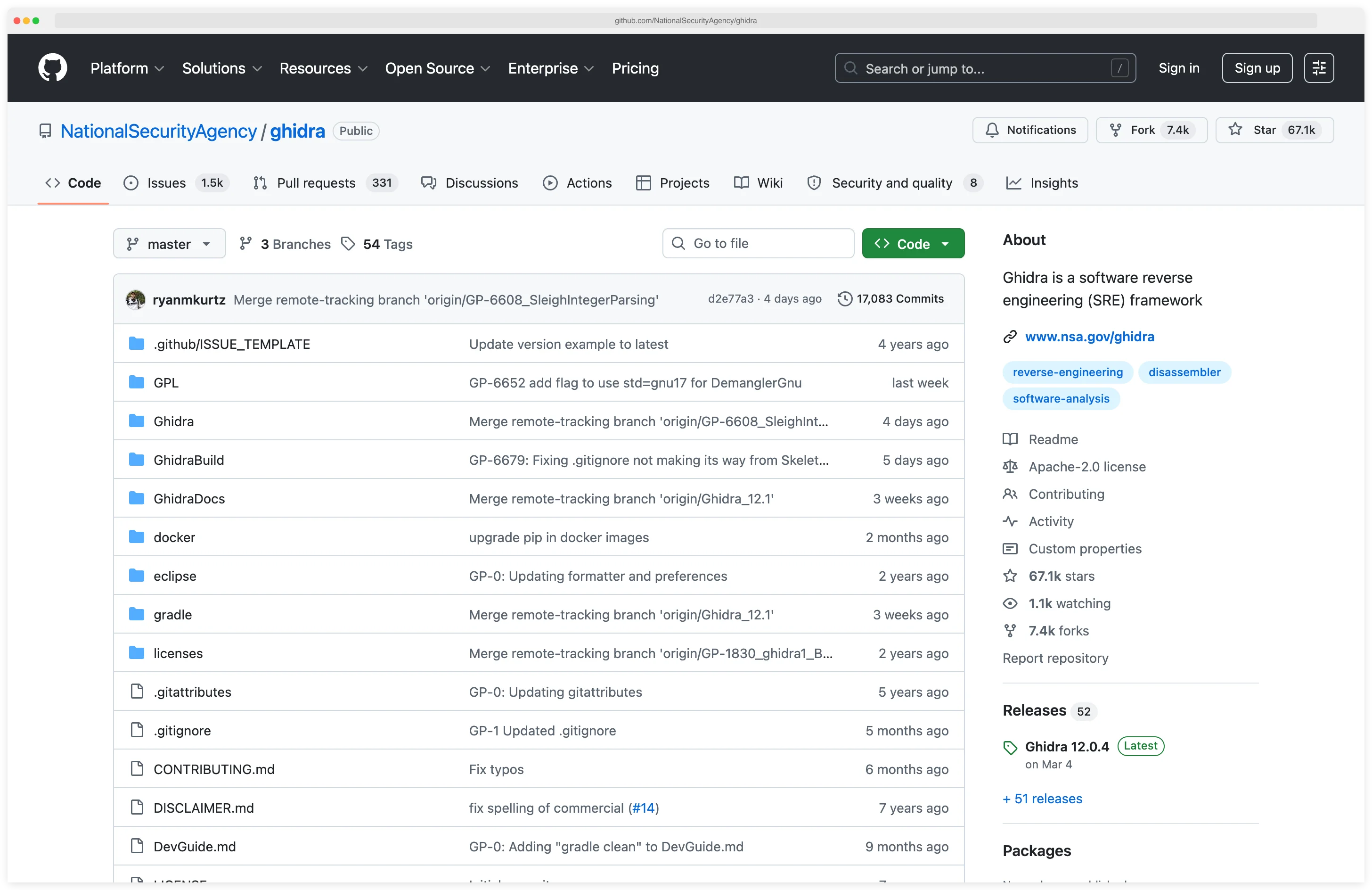 GitHub repository page for NationalSecurityAgency/ghidra showing star count and NSA organization badge