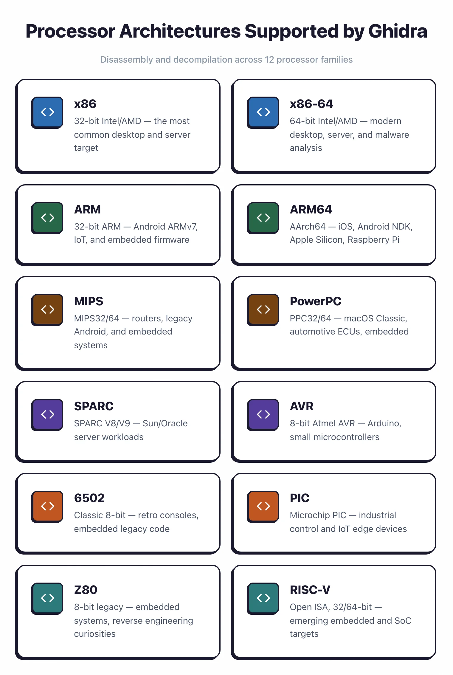 Grid of twelve processor architectures supported by Ghidra for disassembly and decompilation
