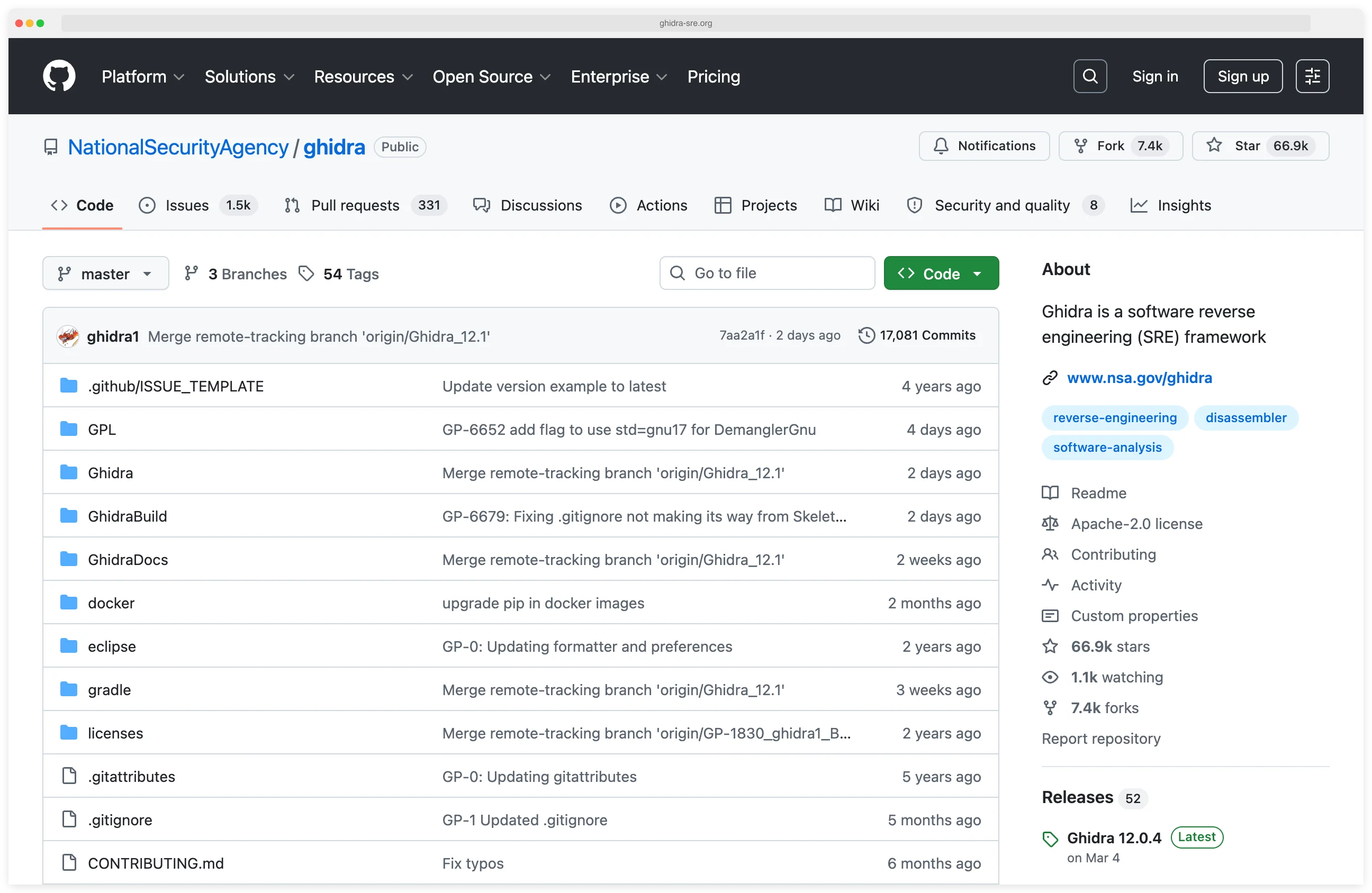 Ghidra project homepage from ghidra-sre.org with NSA branding, release highlights for the reverse engineering framework, and download links