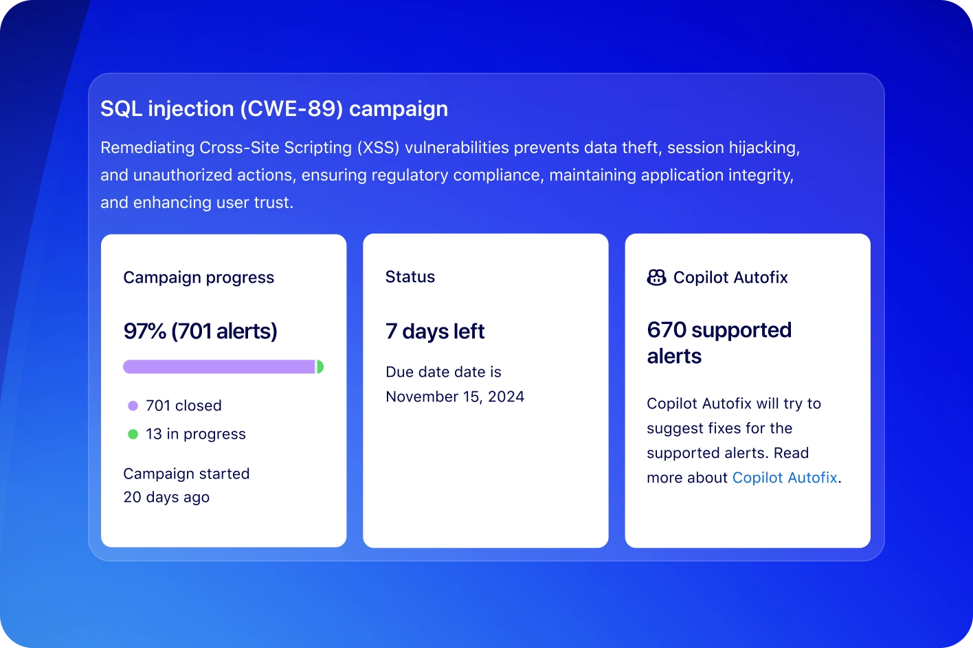GitHub security campaigns dashboard showing alert remediation progress across repositories