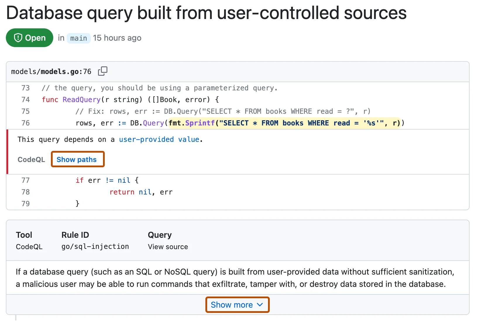 GitHub code scanning alert showing a SQL injection vulnerability in Go: database query built from user-controlled sources, with CodeQL rule ID go/sql-injection and Show paths taint tracking