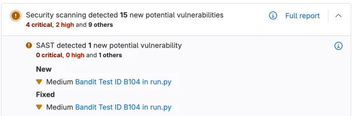GitLab SAST merge request widget showing scan findings