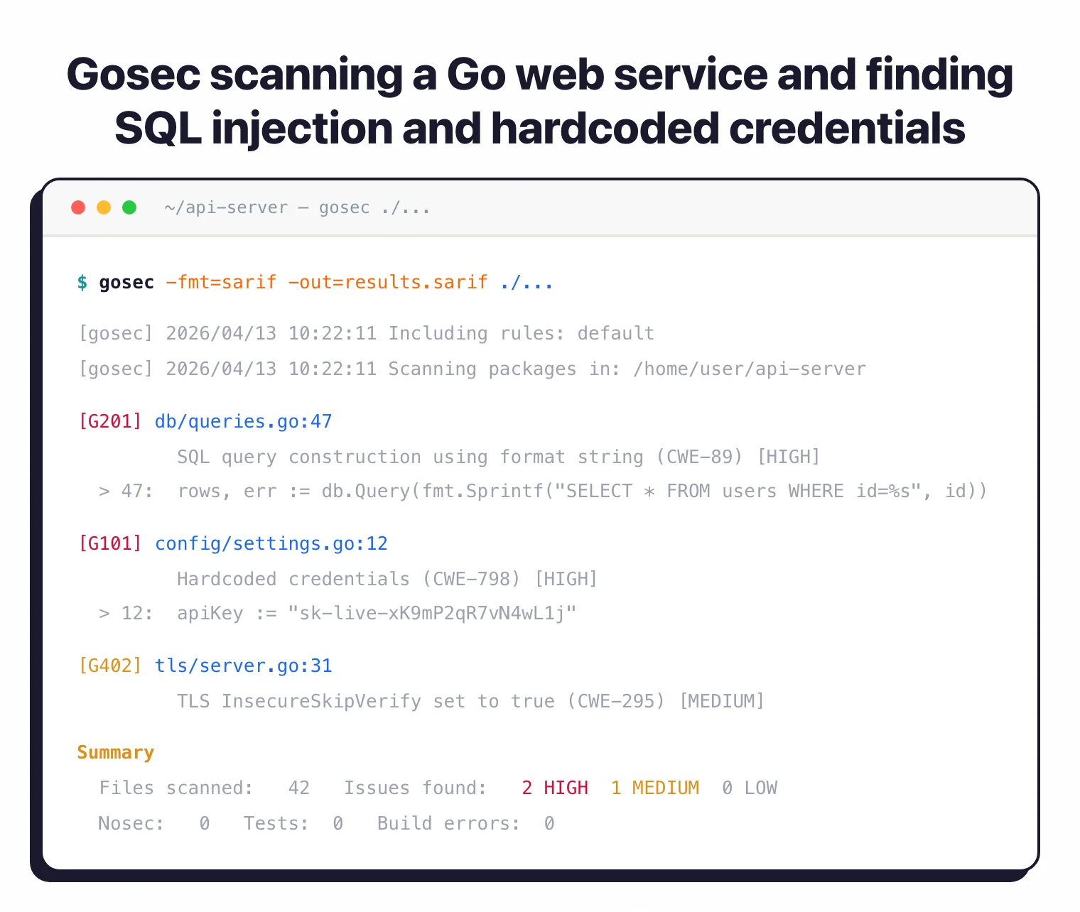 Gosec CLI scan output showing SQL injection (G201), hardcoded credentials (G101), and insecure TLS (G402) findings with CWE mappings