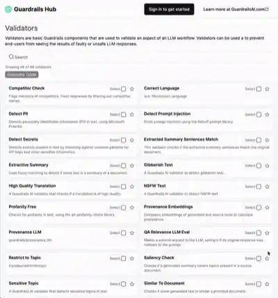 Guardrails Hub animated demo showing the validator library for LLM input and output validation covering toxicity PII hallucination and bias detection