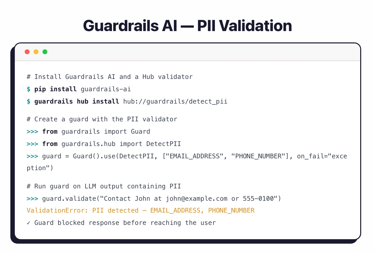 Guardrails AI terminal output showing PII validator installation via pip and guardrails hub install blocking an LLM response that contains email address and phone number