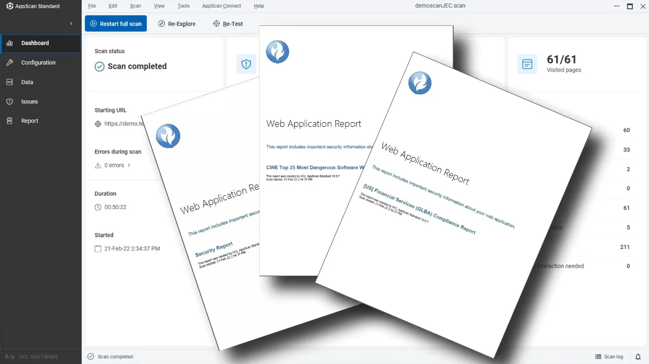 HCL AppScan Standard compliance report view showing PCI DSS and regulatory findings mapping
