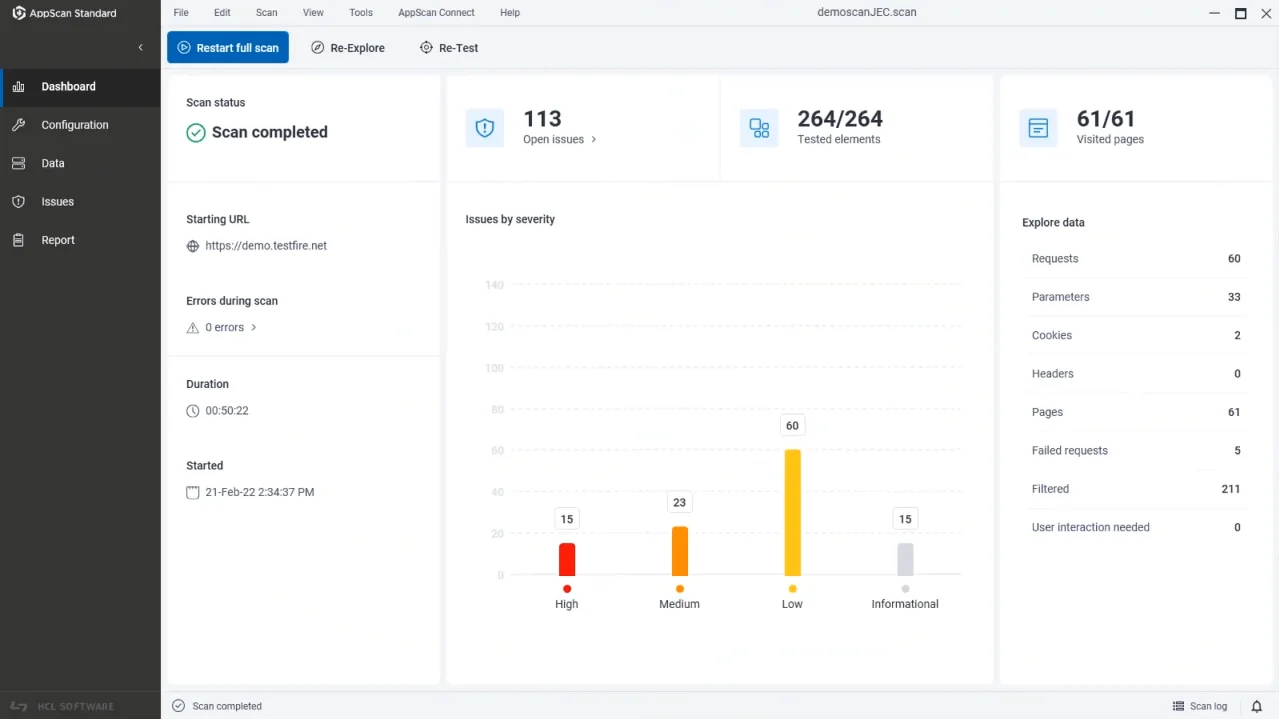 HCL AppScan Standard scan results view showing discovered vulnerabilities by severity