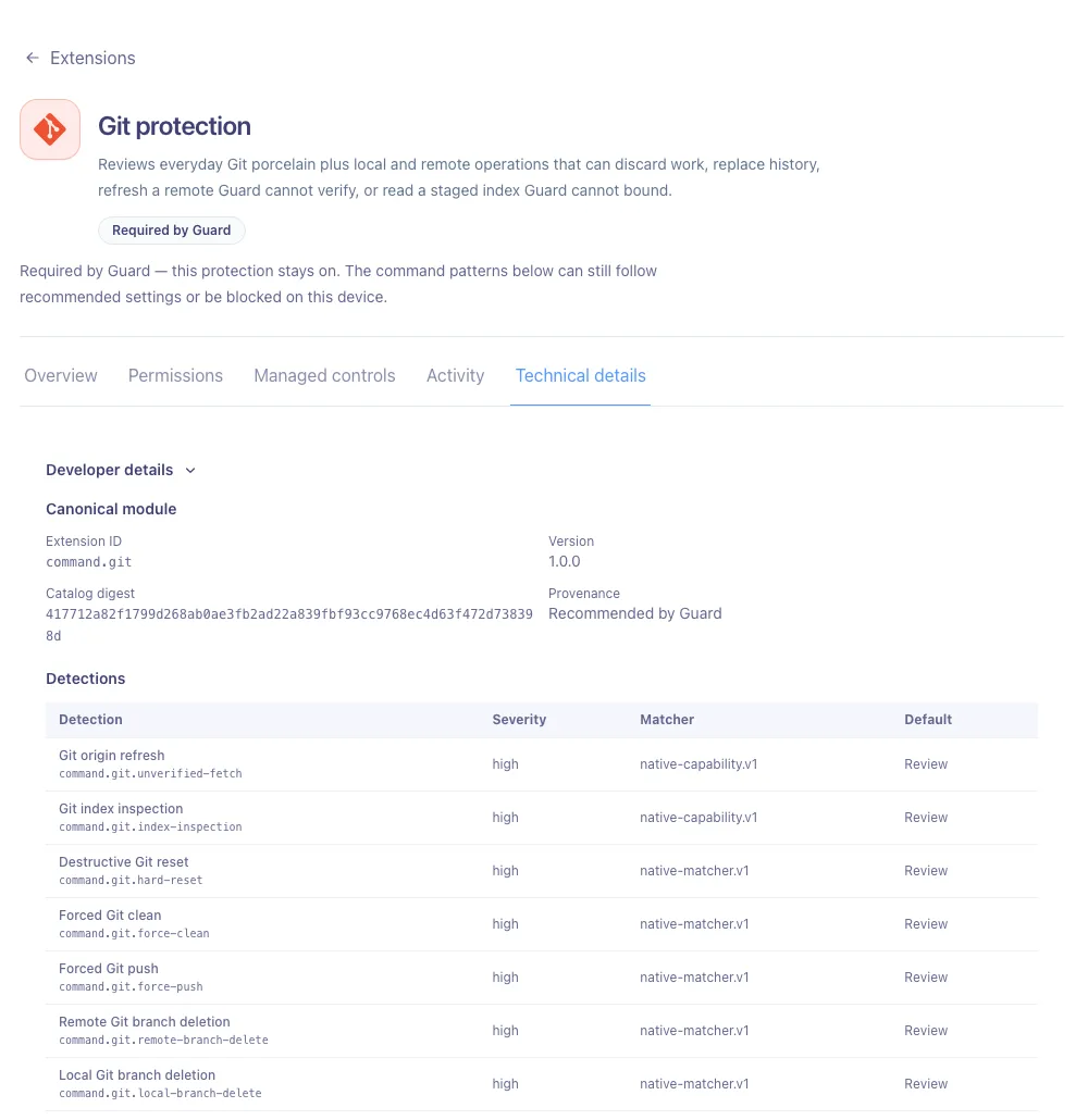 HOL Guard Git protection extension detail page listing detections such as destructive Git reset and forced Git push with high severity and a Review default