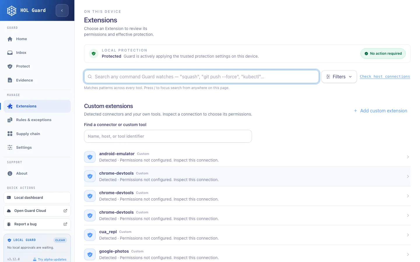HOL Guard local dashboard Extensions view showing local protection status and detected custom connectors such as chrome-devtools and android-emulator
