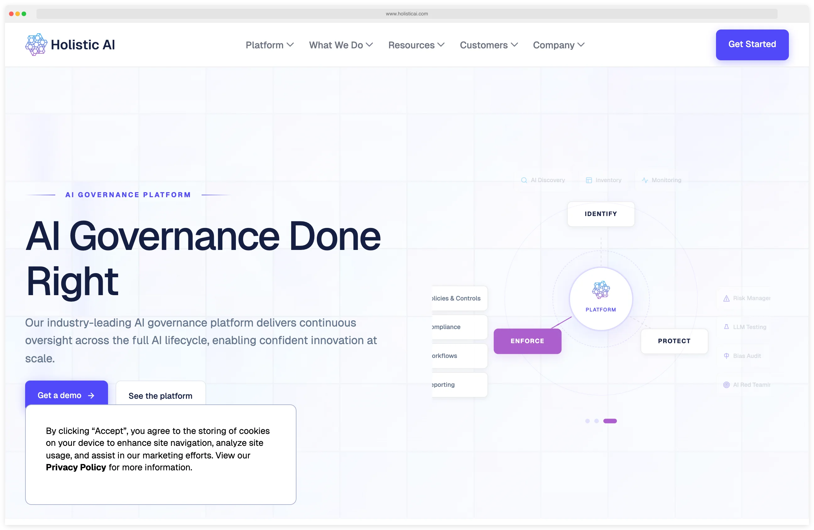 Holistic AI homepage showing the AI Governance Done Right hero with a diagram of Identify, Enforce, and Protect stages covering bias, fairness, and risk assessment