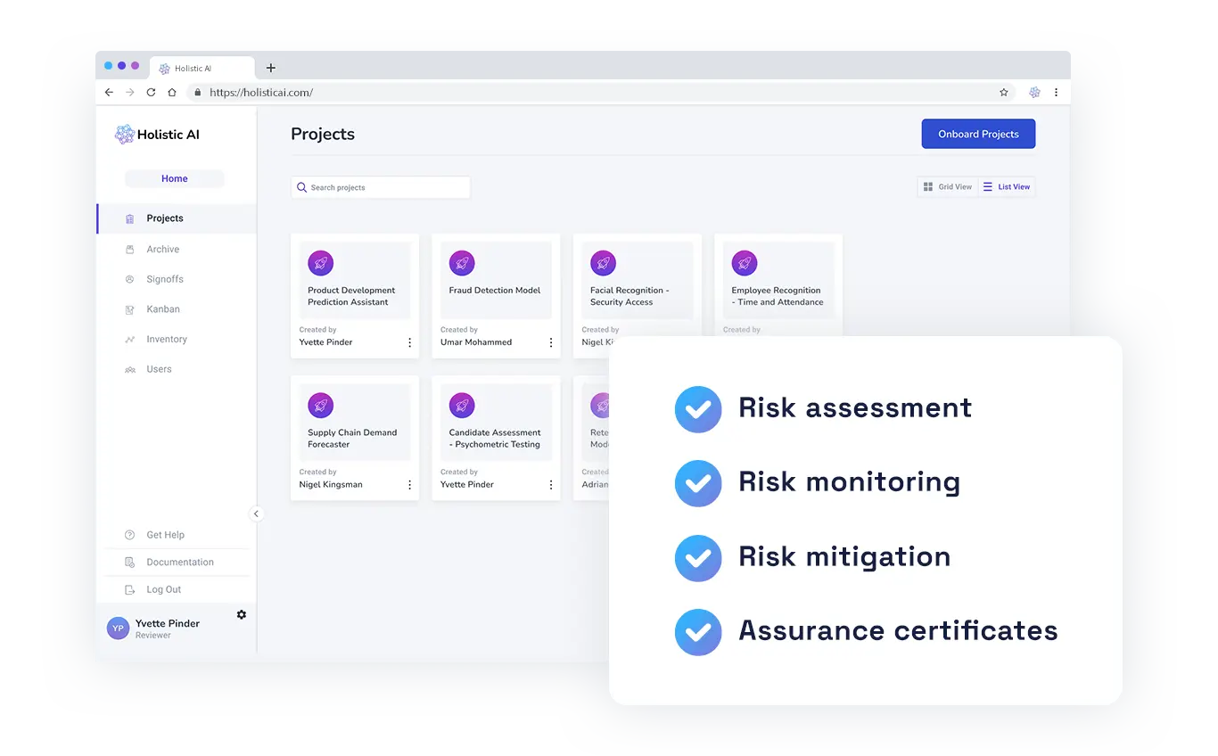 Holistic AI Projects dashboard showing AI model inventory with cards for Fraud Detection Model, Facial Recognition Security Access, Employee Recognition, Candidate Assessment, and Supply Chain Demand Forecaster, with grid and list view options