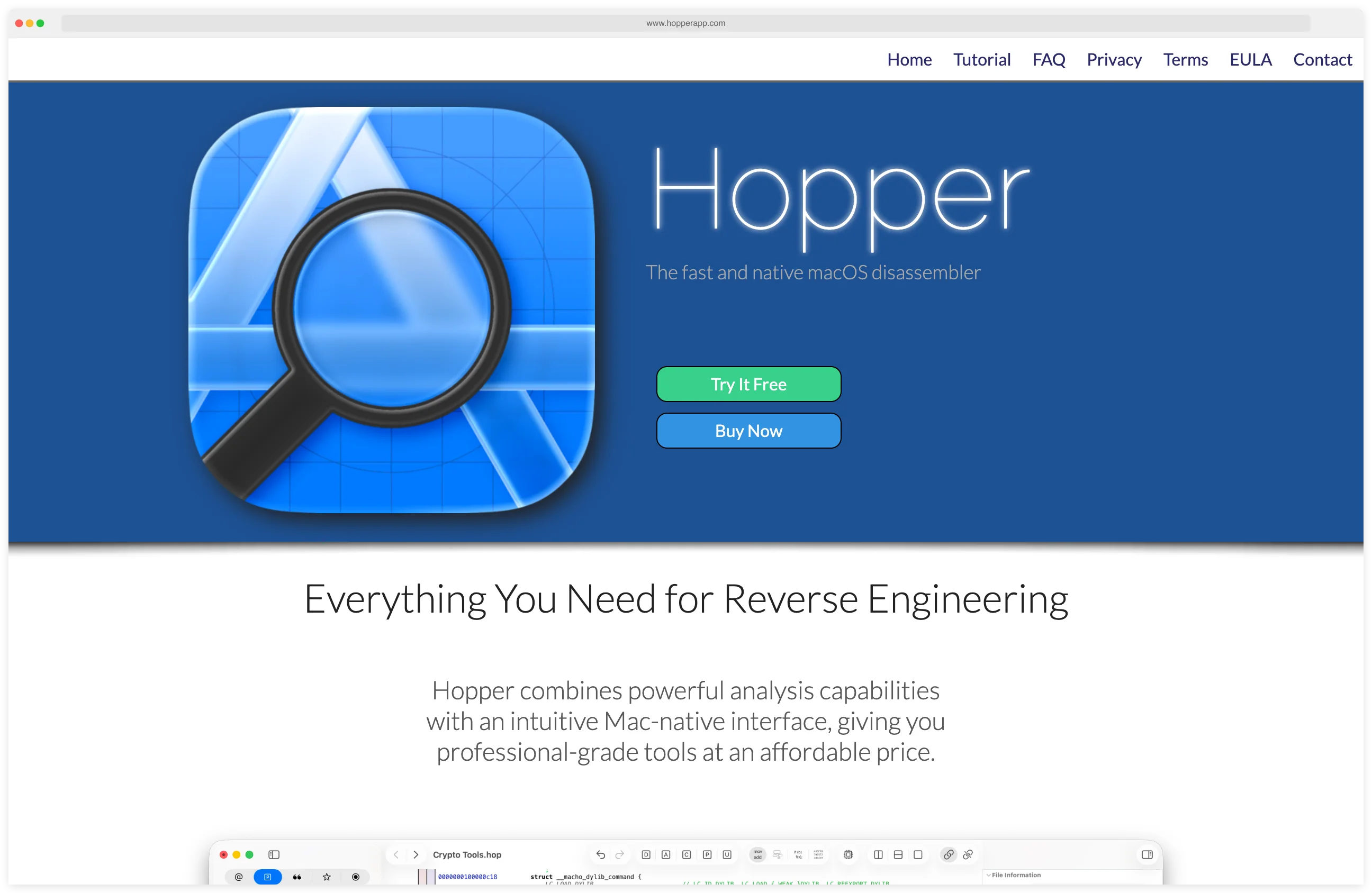 Hopper Disassembler homepage showing the macOS-native reverse engineering tool with screenshots of its disassembly and pseudocode interface