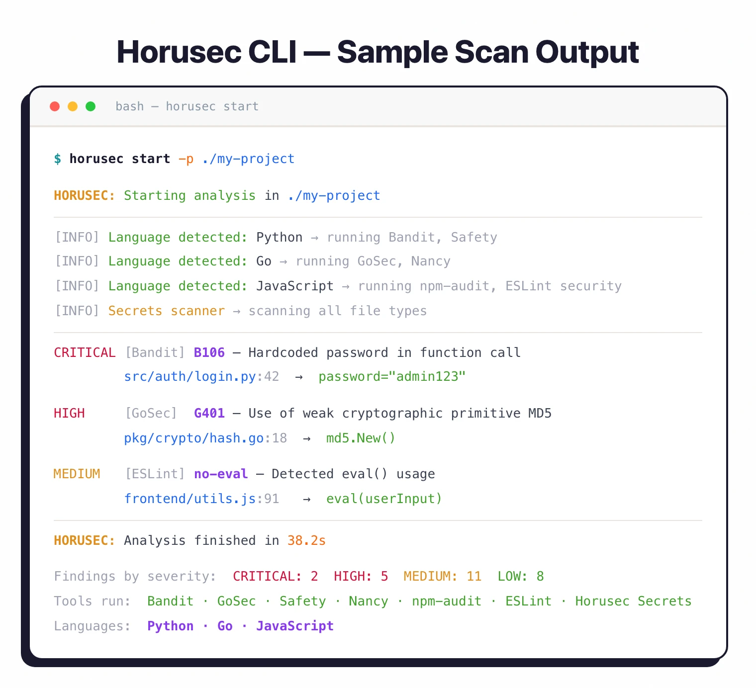 Horusec CLI scan output showing language auto-detection, tool selection, and findings with severity levels