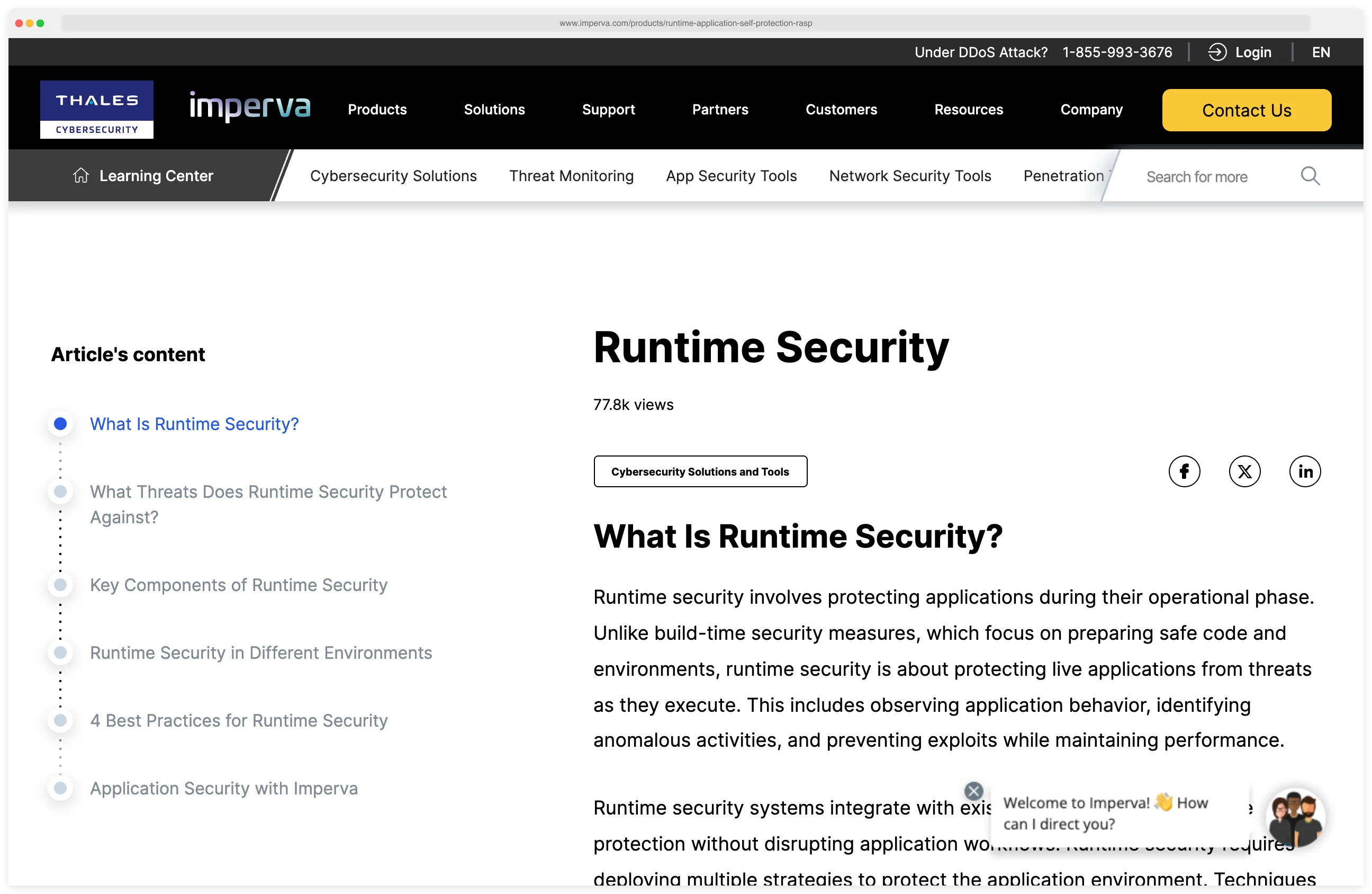 Imperva RASP product page showing the runtime application self-protection solution with WAF integration, Java and .NET coverage, and behavioral analytics positioning
