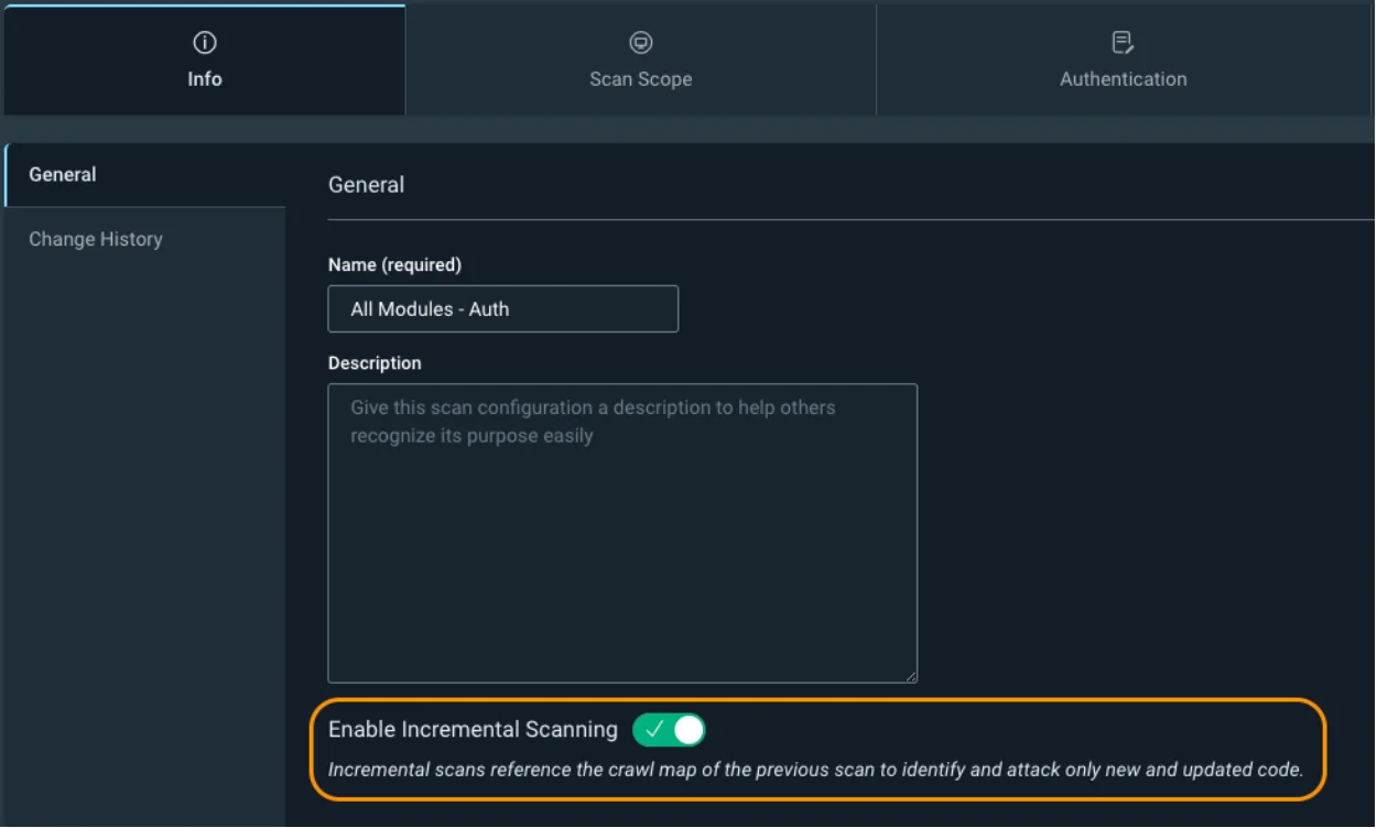 InsightAppSec scan configuration panel showing the Enable Incremental Scanning toggle and scan scope settings