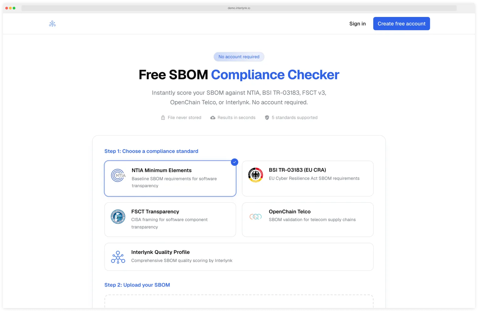 Interlynk free SBOM compliance checker at demo.interlynk.io with NTIA Minimum Elements, BSI TR-03183 (EU CRA), FSCT, OpenChain Telco, and Interlynk Quality Profile options