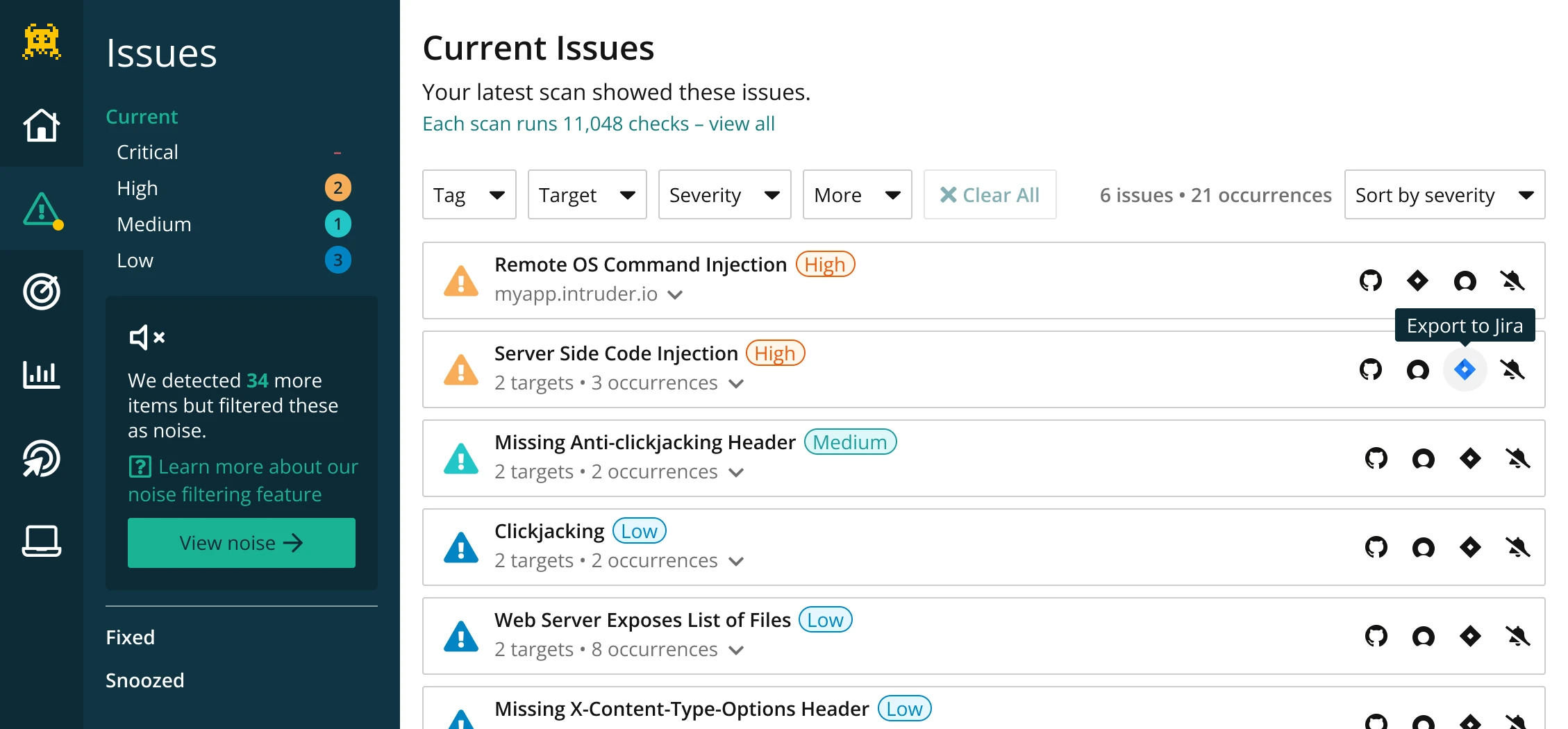 Intruder Current Issues list showing Remote OS Command Injection and Server Side Code Injection findings with severity badges