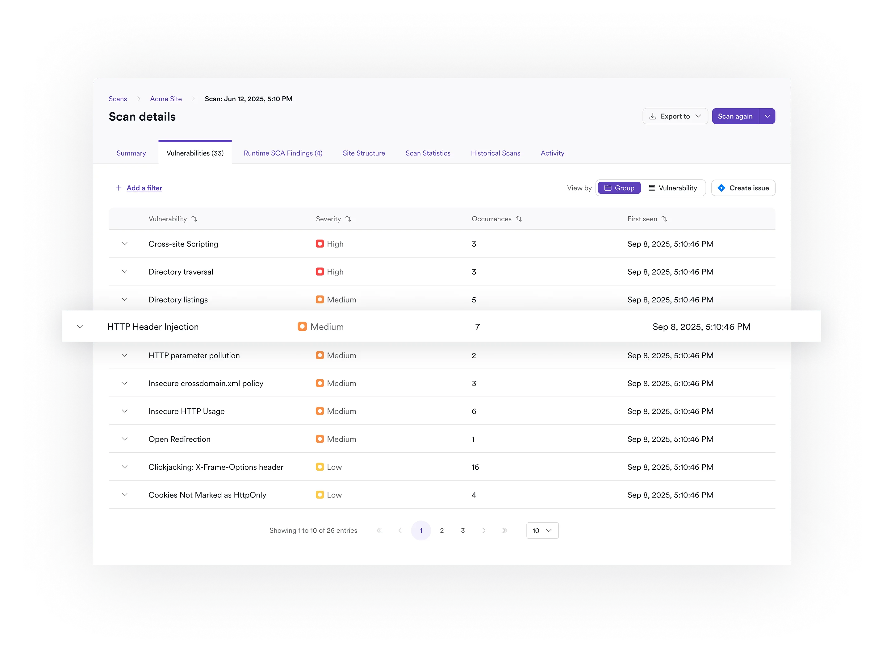 Invicti ASPM scan details showing vulnerability findings by severity with MTTR tracking