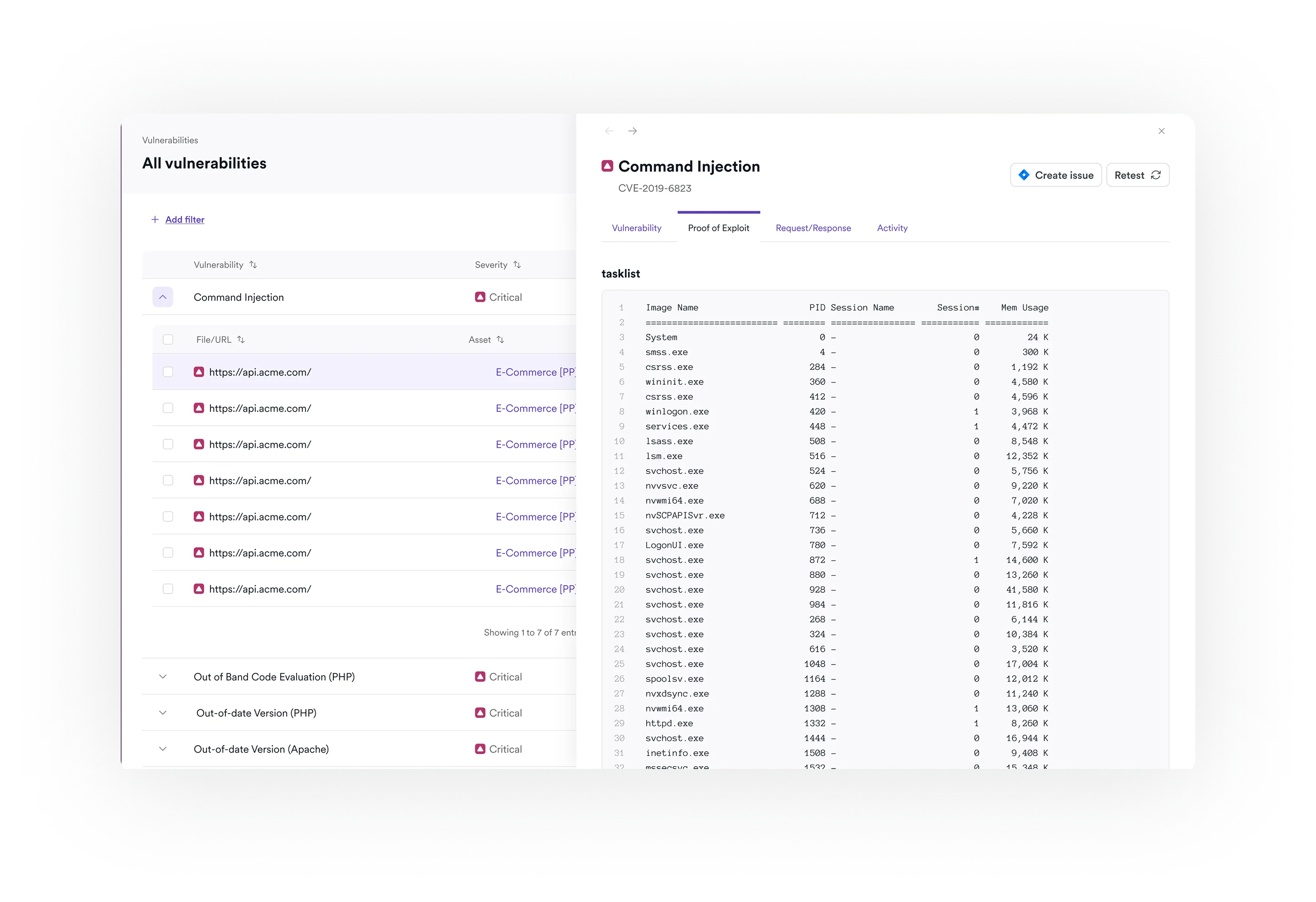 Invicti ASPM vulnerability details view showing proof of exploit for command injection