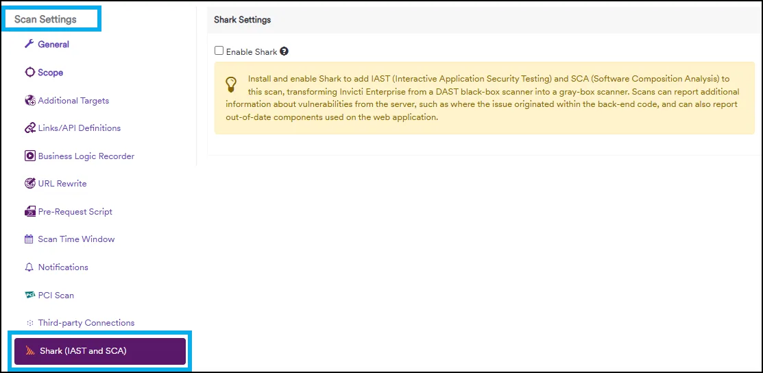 Invicti Shark IAST and SCA scan settings configuration panel