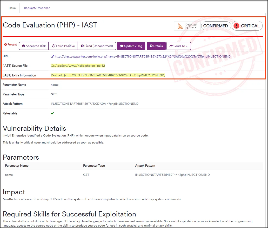 Invicti Shark IAST scan results showing code-level vulnerability details alongside DAST findings