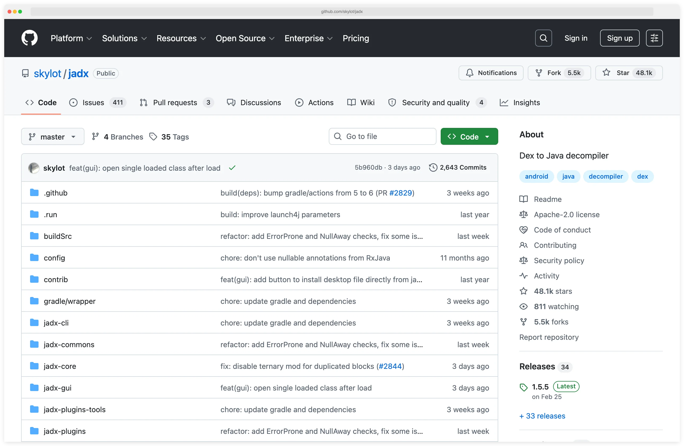 skylot/jadx GitHub repository header showing 48.1k stars and Apache 2.0 license