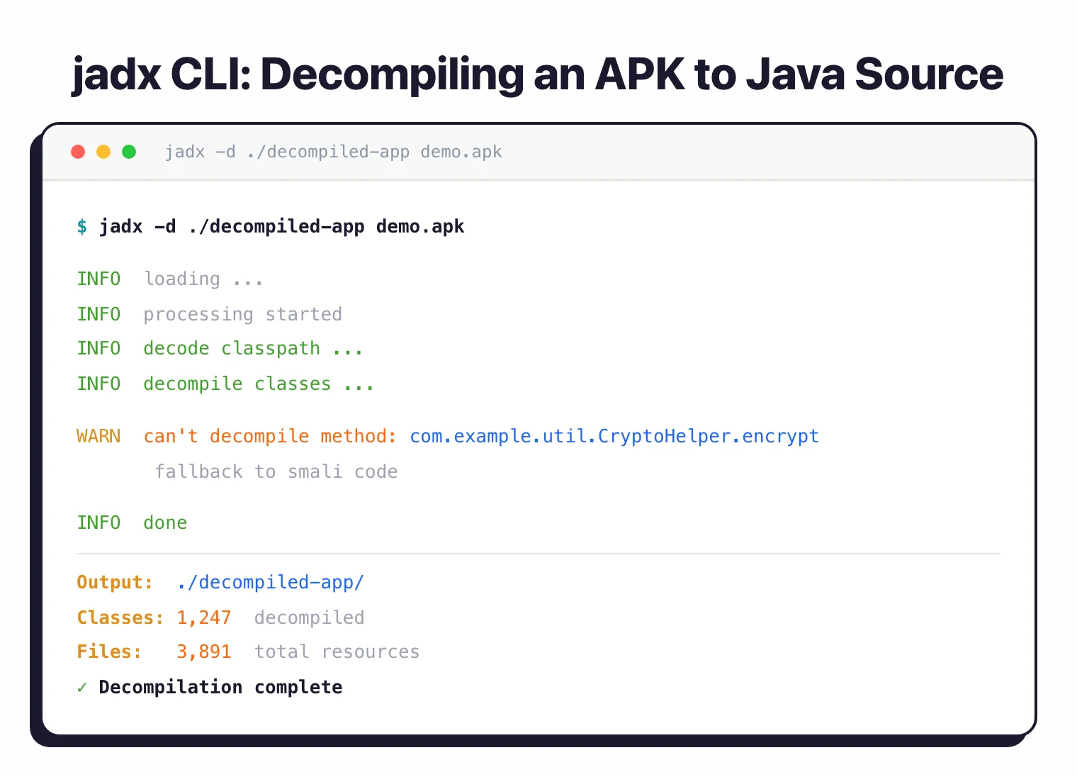 jadx command-line decompiler extracting Java source from an APK with INFO and WARN log lines