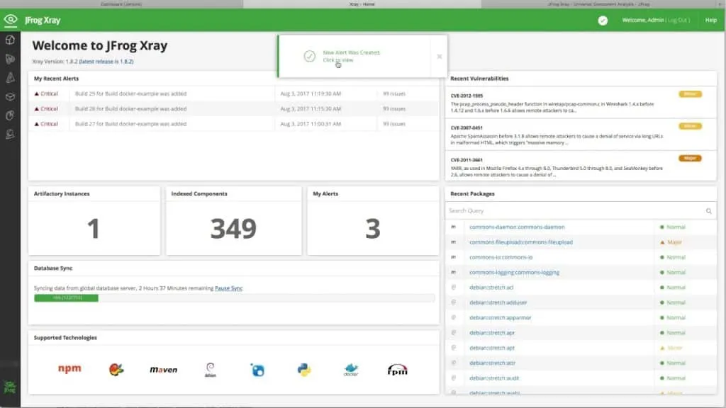 JFrog Xray dashboard showing artifact security scan results with vulnerability details and policy violations