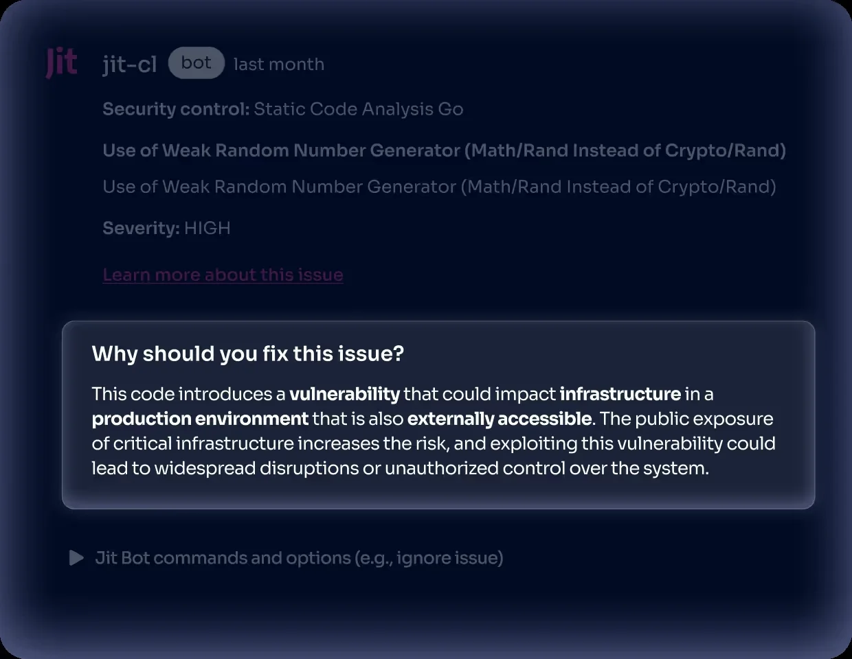 Jit bot flagging a security vulnerability directly in a pull request