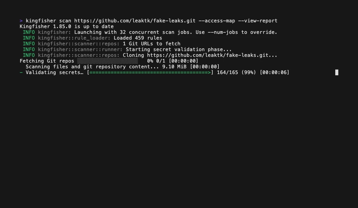 Kingfisher CLI running 'kingfisher scan https://github.com/leaktk/fake-leaks.git --access-map --view-report' — Kingfisher 1.85.0 loading 459 rules, fetching 1 Git URL, validating 164 of 165 secrets at 99 percent progress
